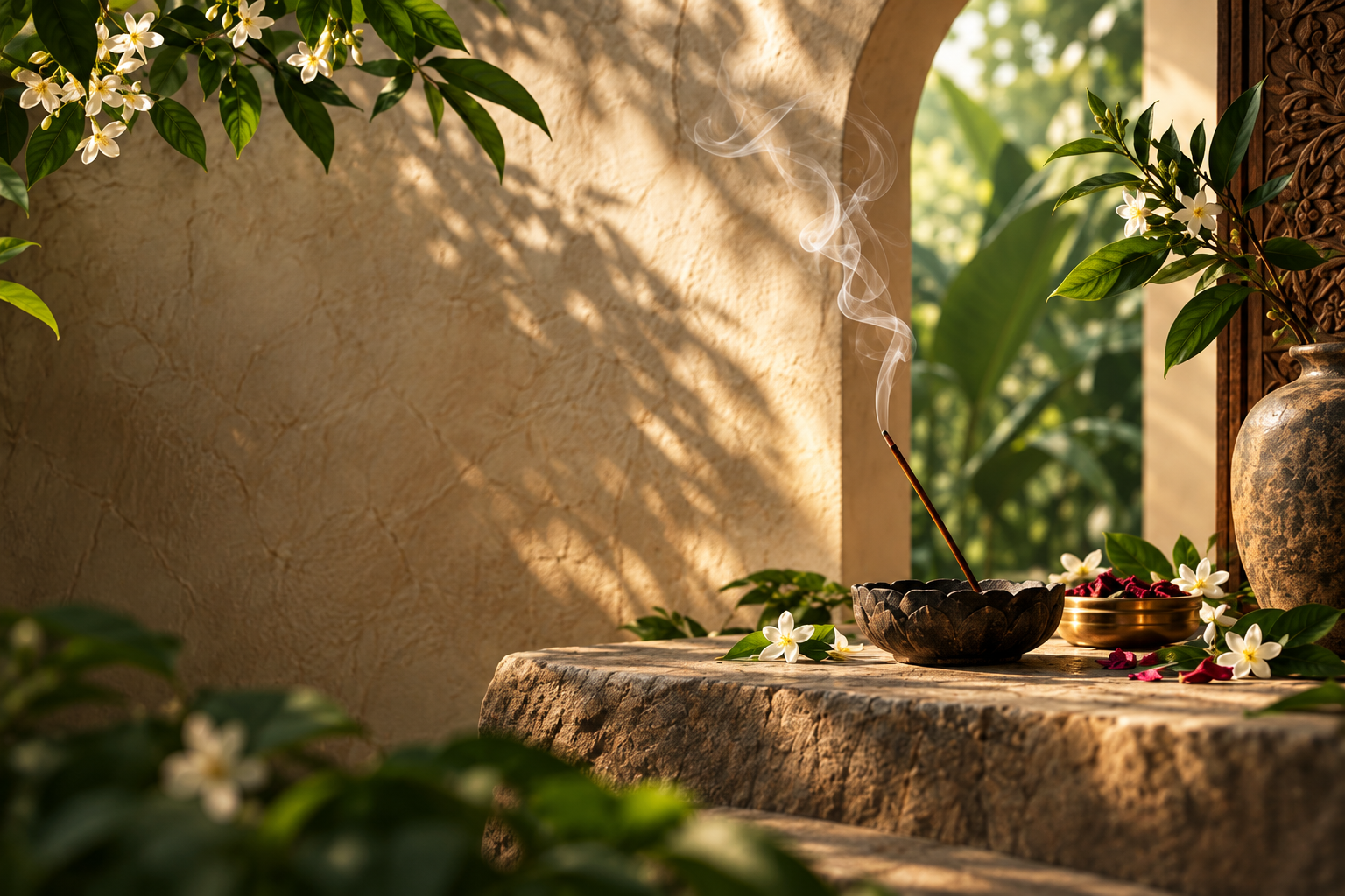 Delicate incense smoke rising from a sculptural bowl in warm afternoon light