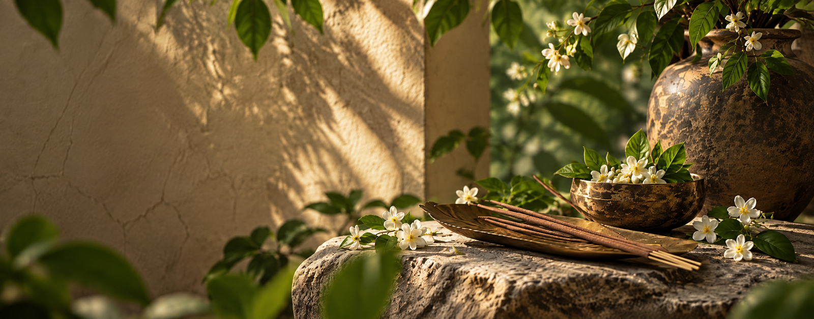 Incense and botanicals in a sunlit garden